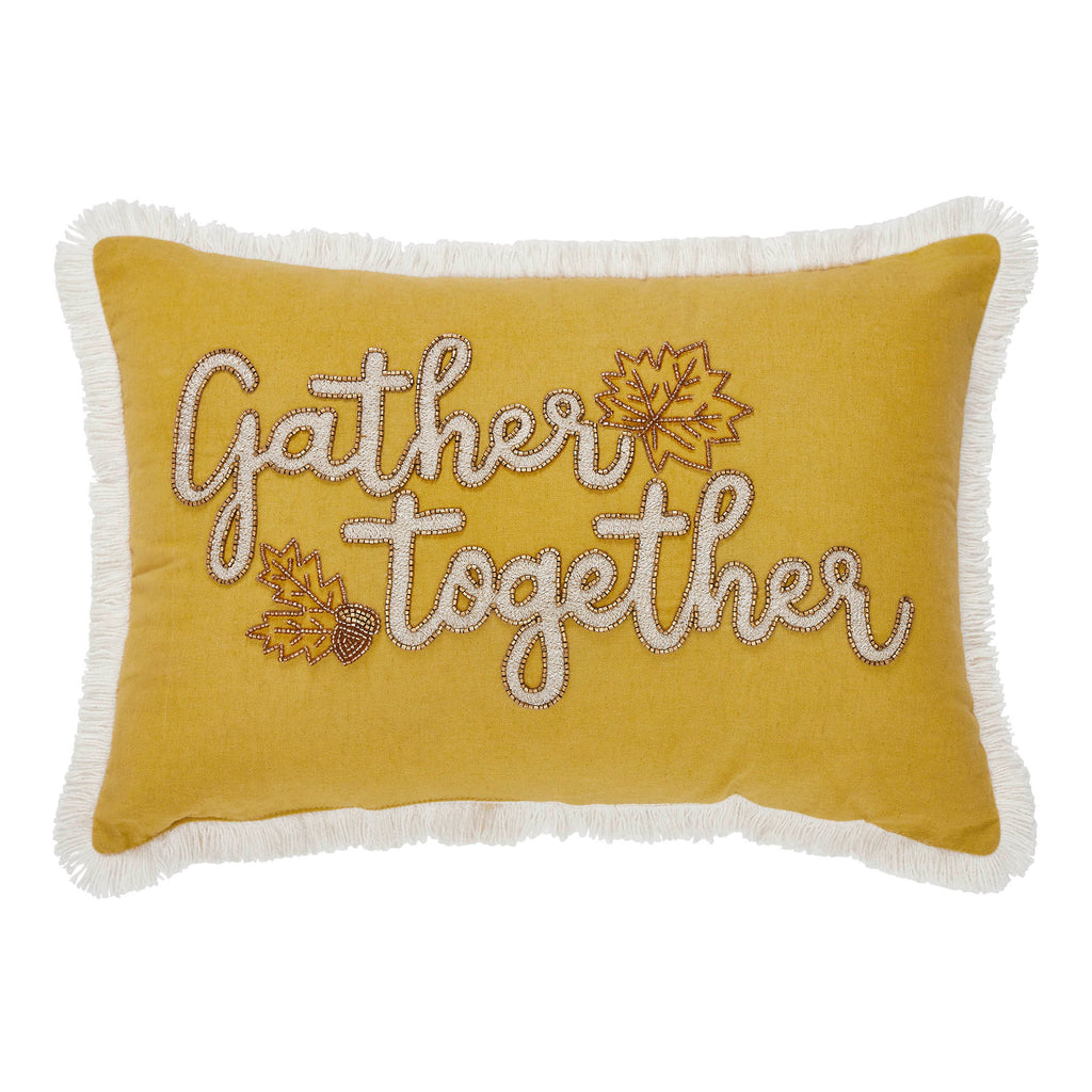 Gather Together Harvest Throw Pillow – Cozy Yellow Velvet Autumn Accent Cushion