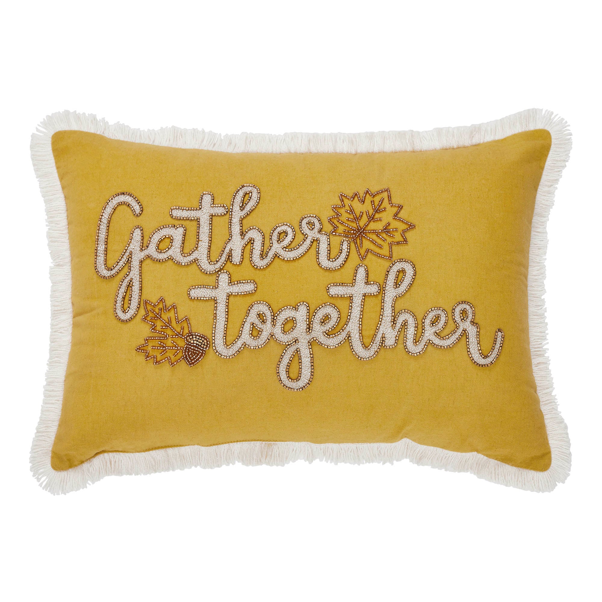 Gather Together Harvest Throw Pillow – Cozy Yellow Velvet Autumn Accent Cushion