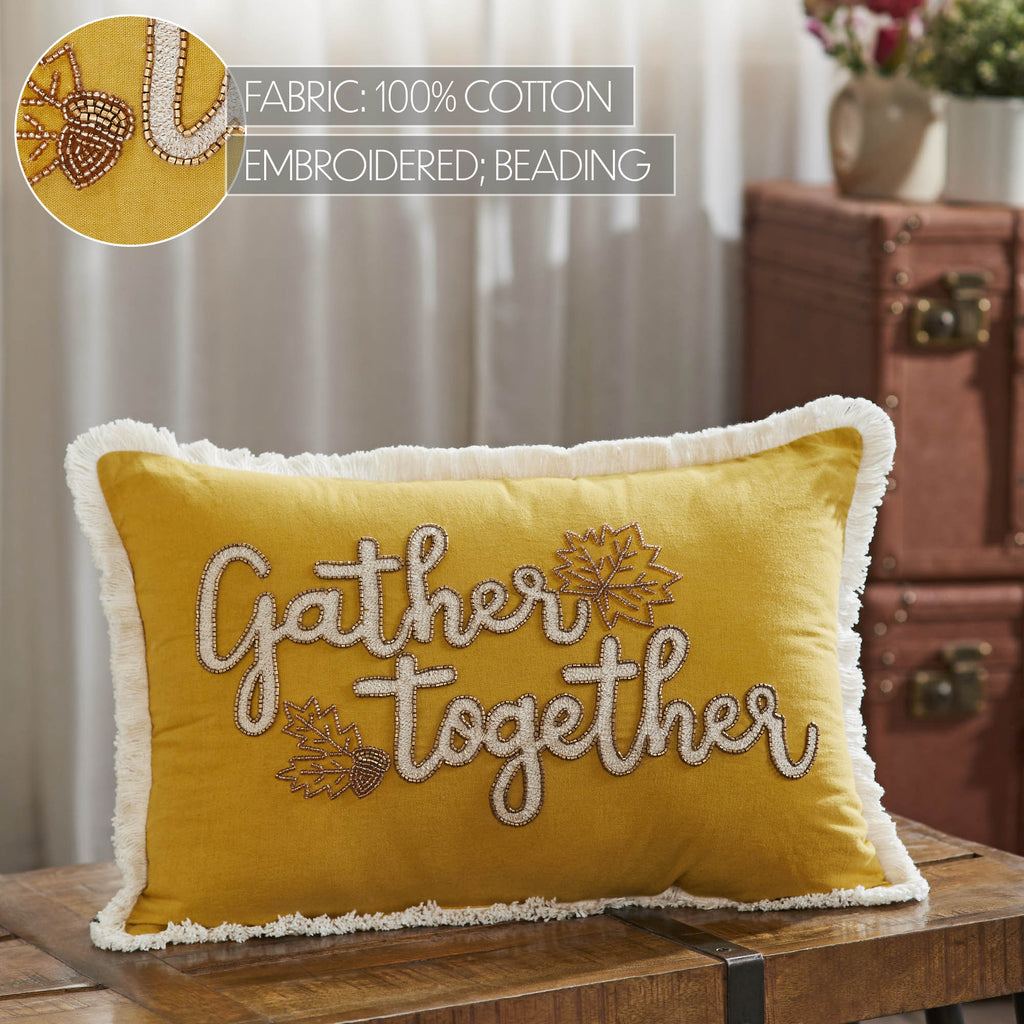 Gather Together Harvest Throw Pillow – Cozy Yellow Velvet Autumn Accent Cushion
