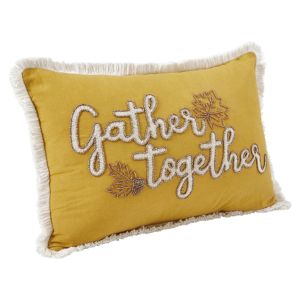 Gather Together Harvest Throw Pillow – Cozy Yellow Velvet Autumn Accent Cushion