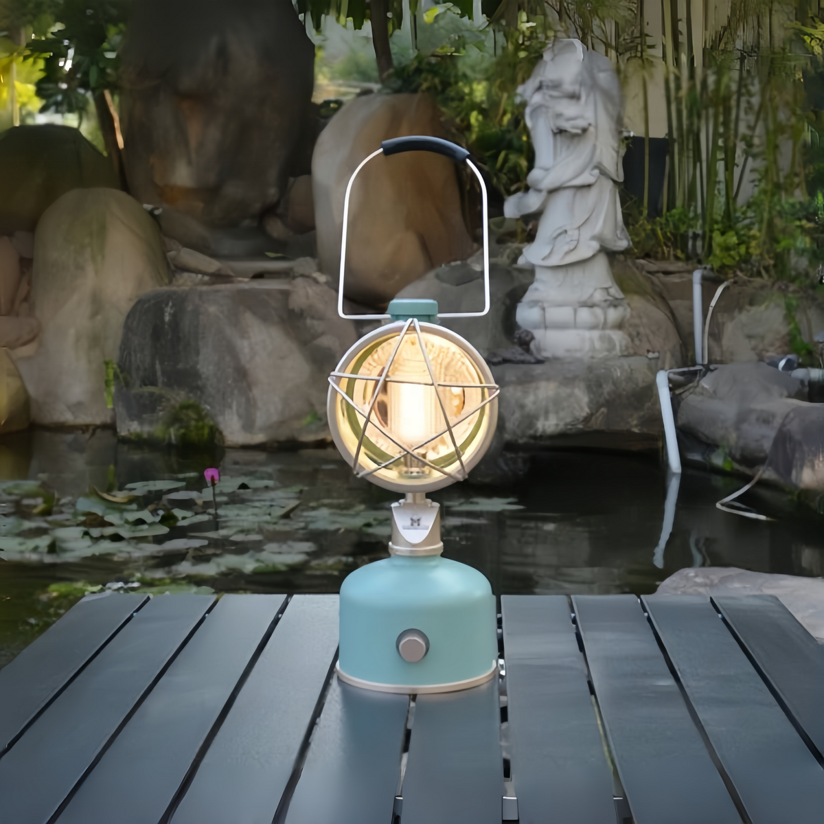 Waterproof solar garden lantern sitting on an outdoor patio table