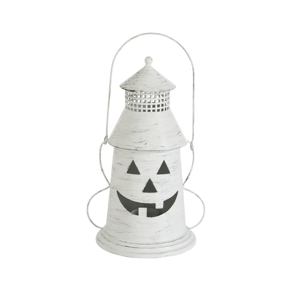 Distressed White Metal Jack-o'-Lantern Lantern Light – Rustic Halloween Candle Holder