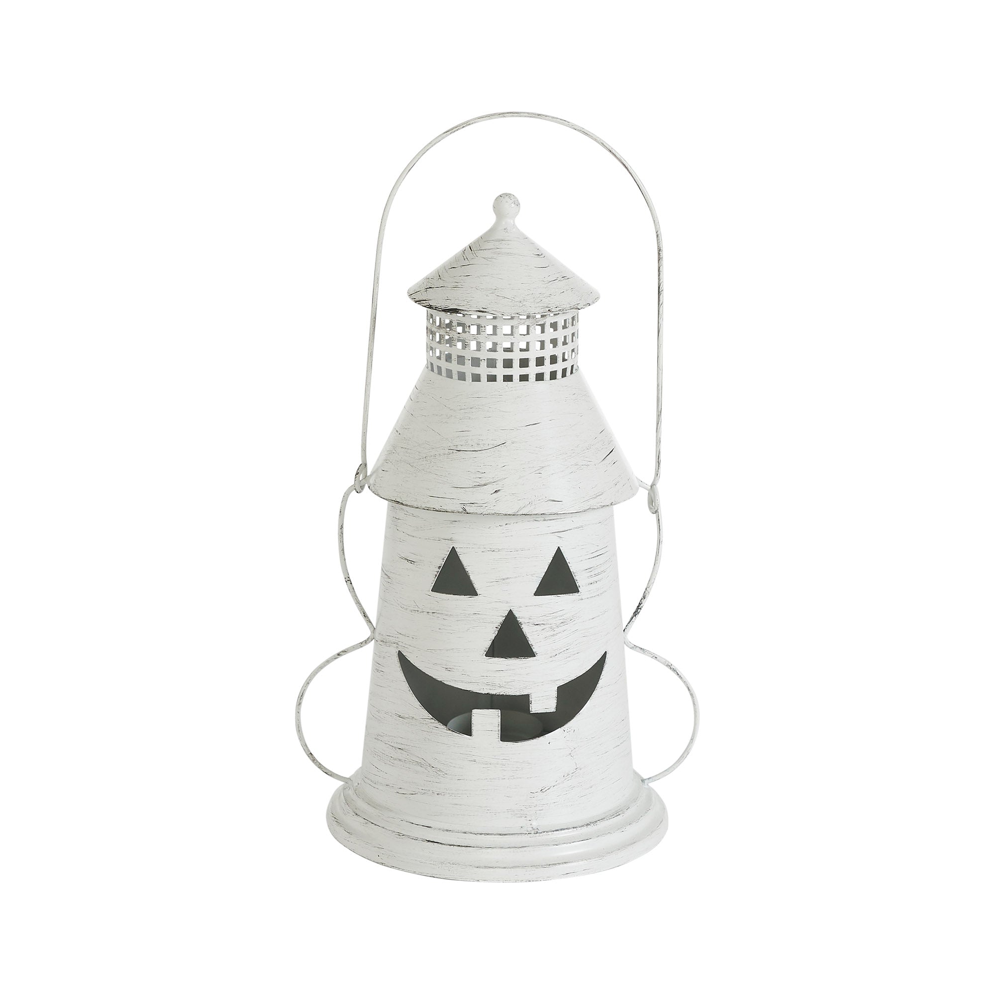 Distressed White Metal Jack-o'-Lantern Lantern Light – Rustic Halloween Candle Holder