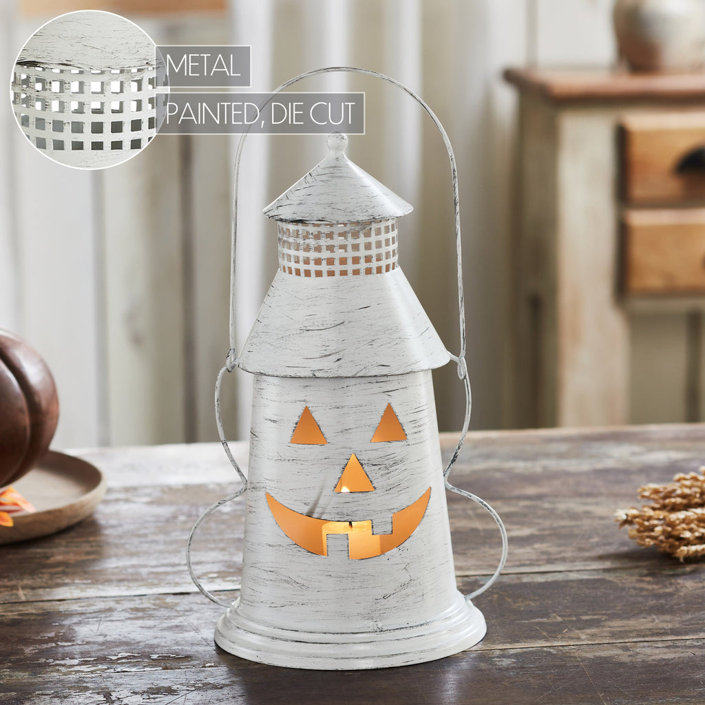 Distressed White Metal Jack-o'-Lantern Lantern Light – Rustic Halloween Candle Holder