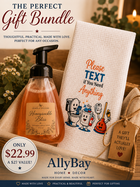 AllyBay Honeysuckle Bliss gift set with homemade soap and a rustic hand towel reading Text if you need anything.