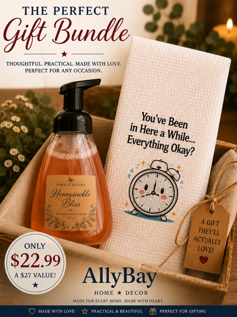 AllyBay Honeysuckle Bliss soap gift set paired with a humorous bathroom hand towel reading Hope you brought your phone.