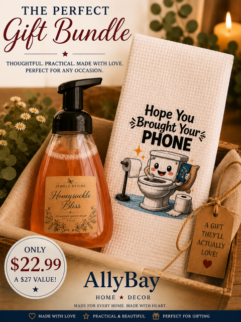 AllyBay Honeysuckle Bliss homemade soap bundle with a funny hand towel reading You've been in here awhile.
