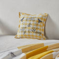Yellow gingham farmhouse accent pillow with the phrase "Me & My Honey" and vintage bee illustrations measuring 9 x 9 inches.