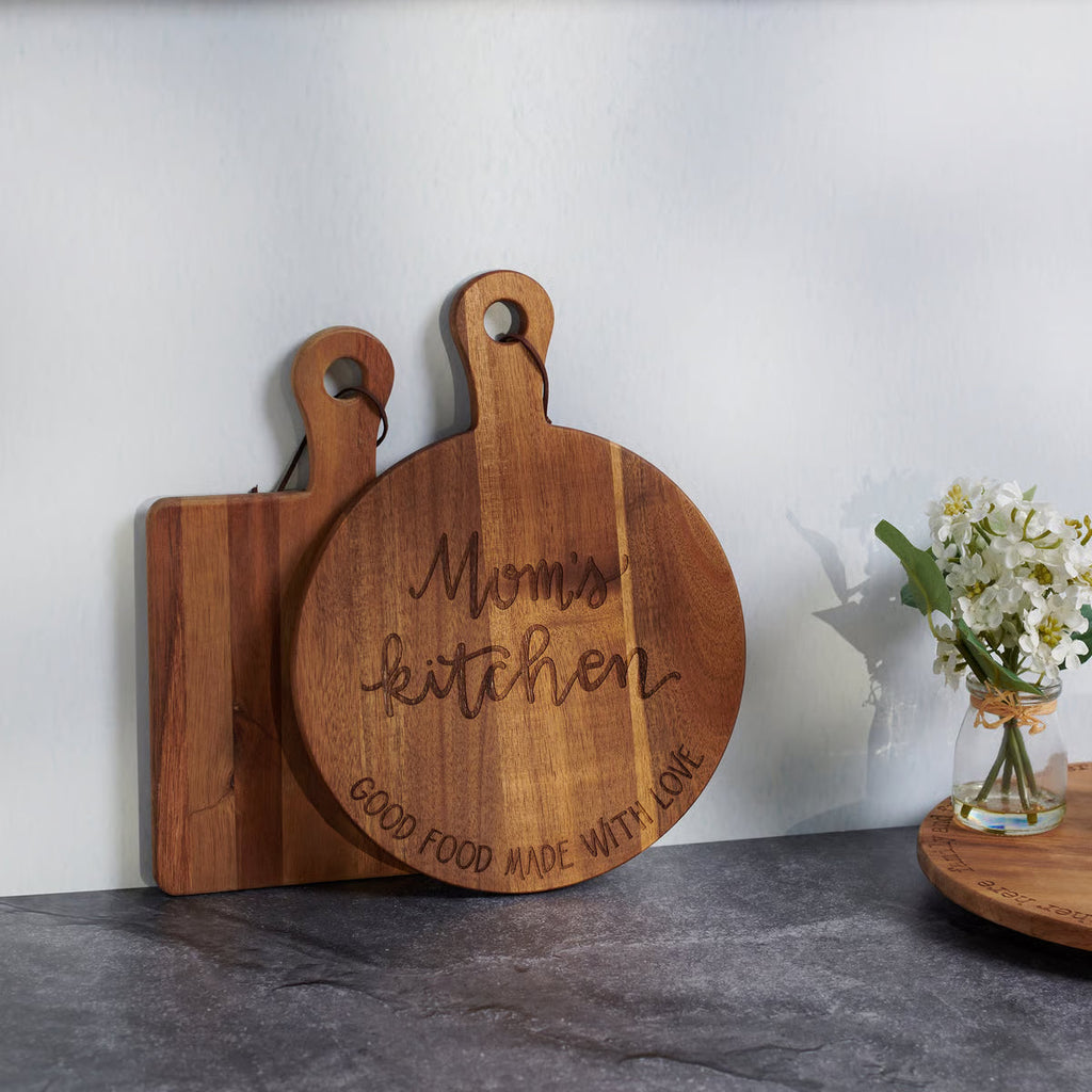 Mom's Kitchen Engraved Wooden Cutting Board - Vintage Style Round Serving Platter Primitives by Kathy