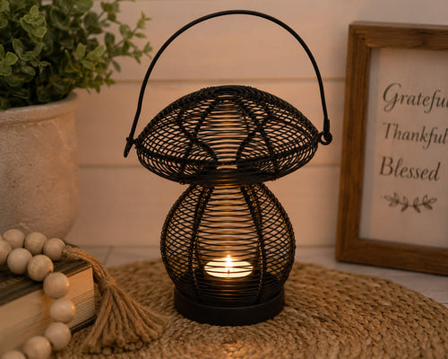 Enchanted Mushroom Wire Candle Holder – Rustic Metal Lantern