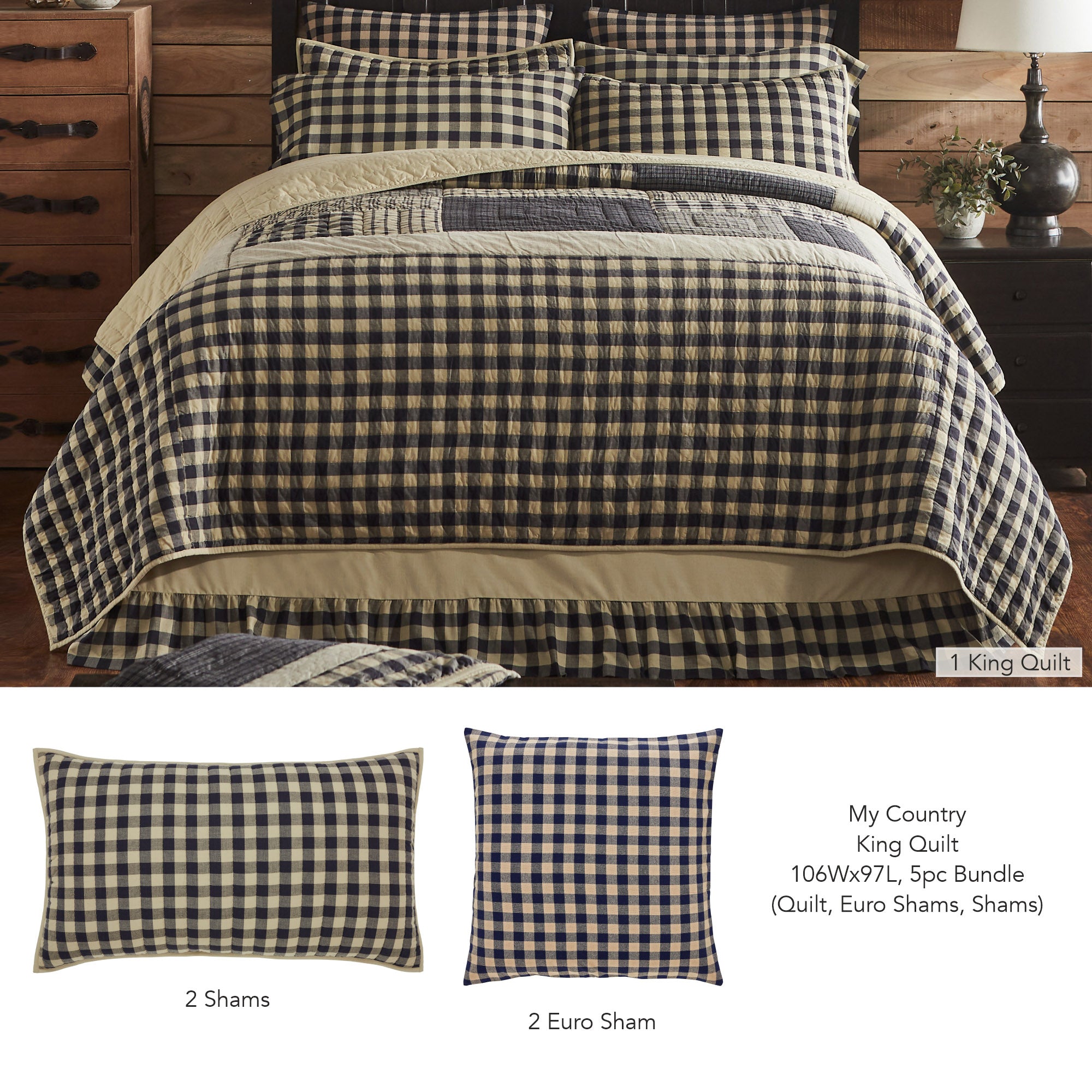 My Country King Quilt set styled on a bed with black and tan gingham pattern and matching shams.
