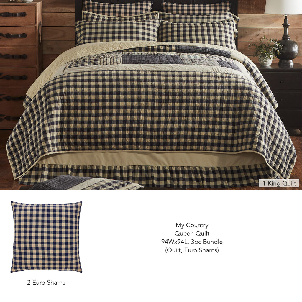 My Country Queen Quilt set styled on a bed with black and tan gingham pattern and matching shams.