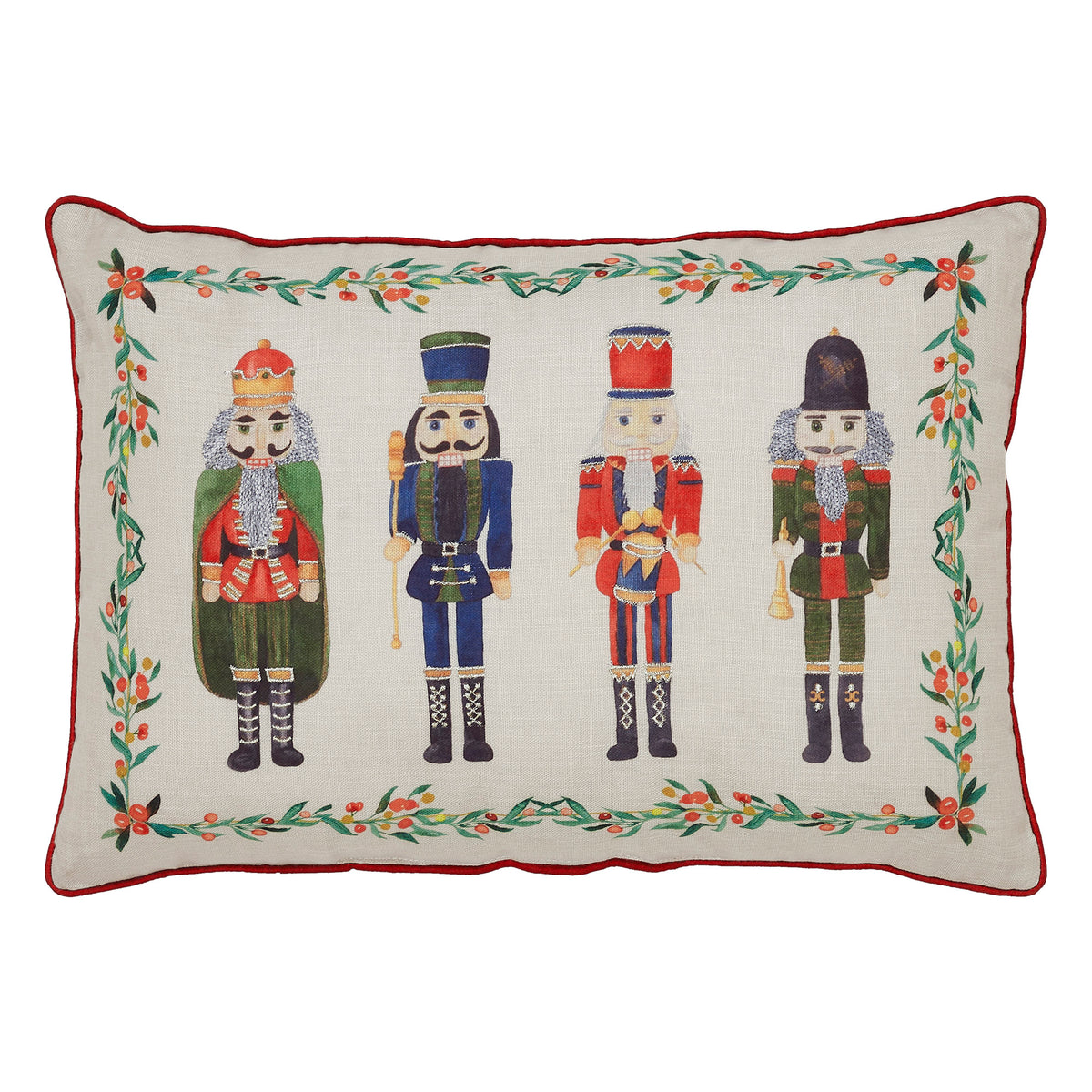 Front view of the lumbar pillow showcasing the line of detailed nutcracker soldiers embroidered on neutral fabric.