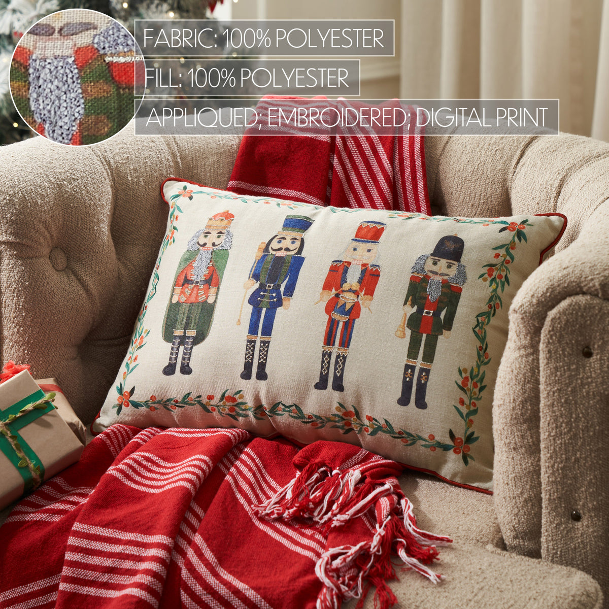 Close-up lifestyle view highlighting the texture and stitching details of the nutcracker accent pillow.