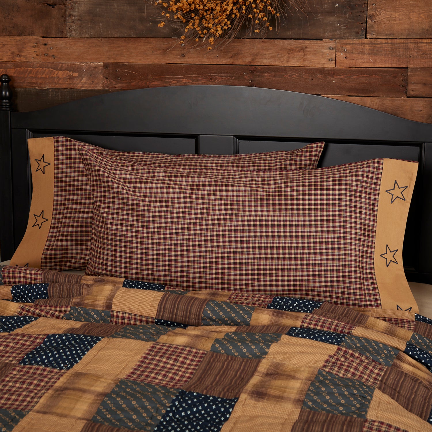 Patriotic Patch Pillow Case Set with red, navy, and tan patchwork border for the Sanctuaries for the Strange collection.