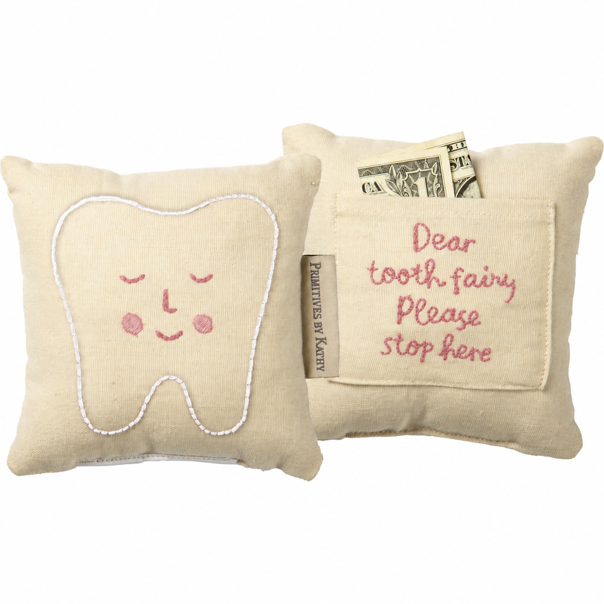 Embroidered Tooth Accent Pillow – Soft Cream & Pink Throw Pillow