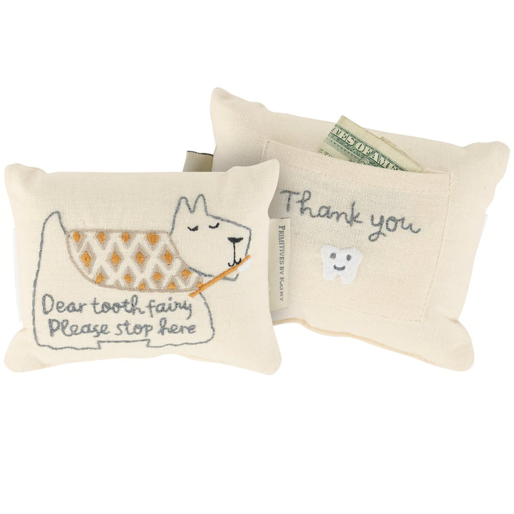 Primitives by Kathy fabric puppy dog tooth fairy pocket pillow with embroidered details