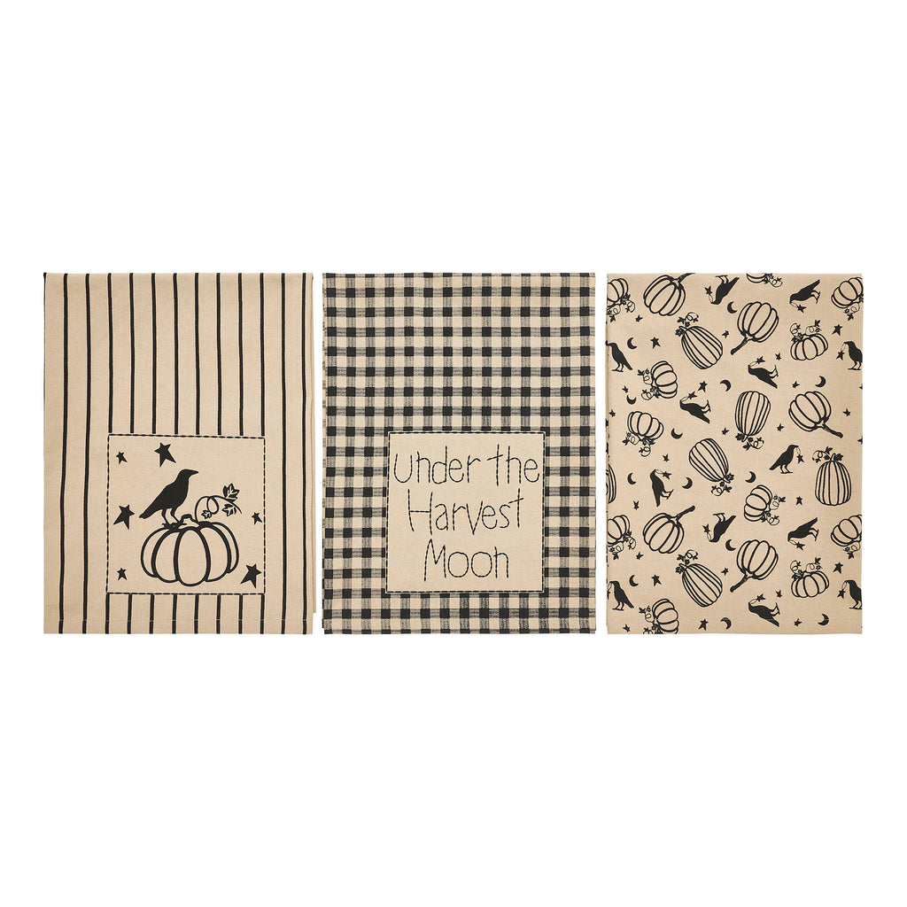 Midnight Harvest Pumpkin & Raven Kitchen Towel Collection | Set of 3 Cotton Towels