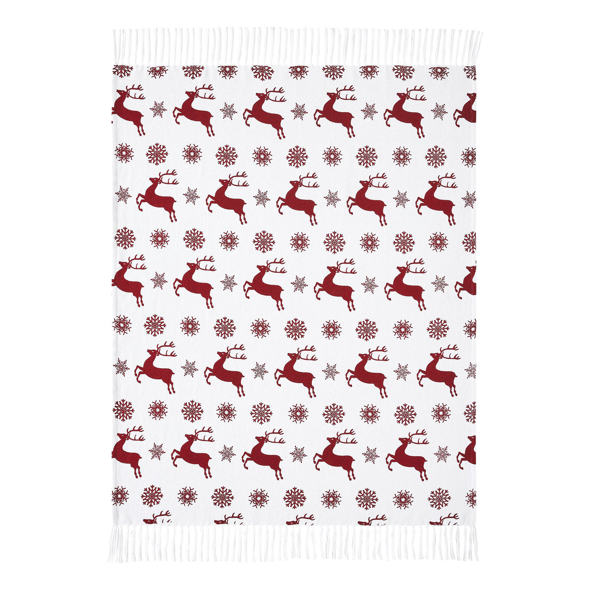 Close-up of the woven reindeer pattern and tassel fringe trim on the holiday throw blanket.