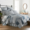 Sawyer Mill Blue King Quilt with indigo patchwork and hand-quilting detail for a sanctuary-style bedroom.