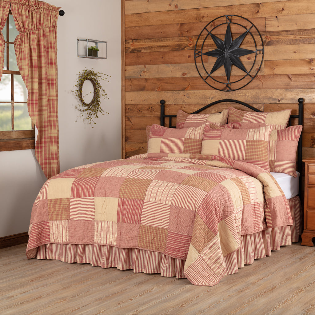 Sawyer Mill Red Patchwork Quilt with country red and tan hand-quilting for the Sanctuaries for the Strange collection.