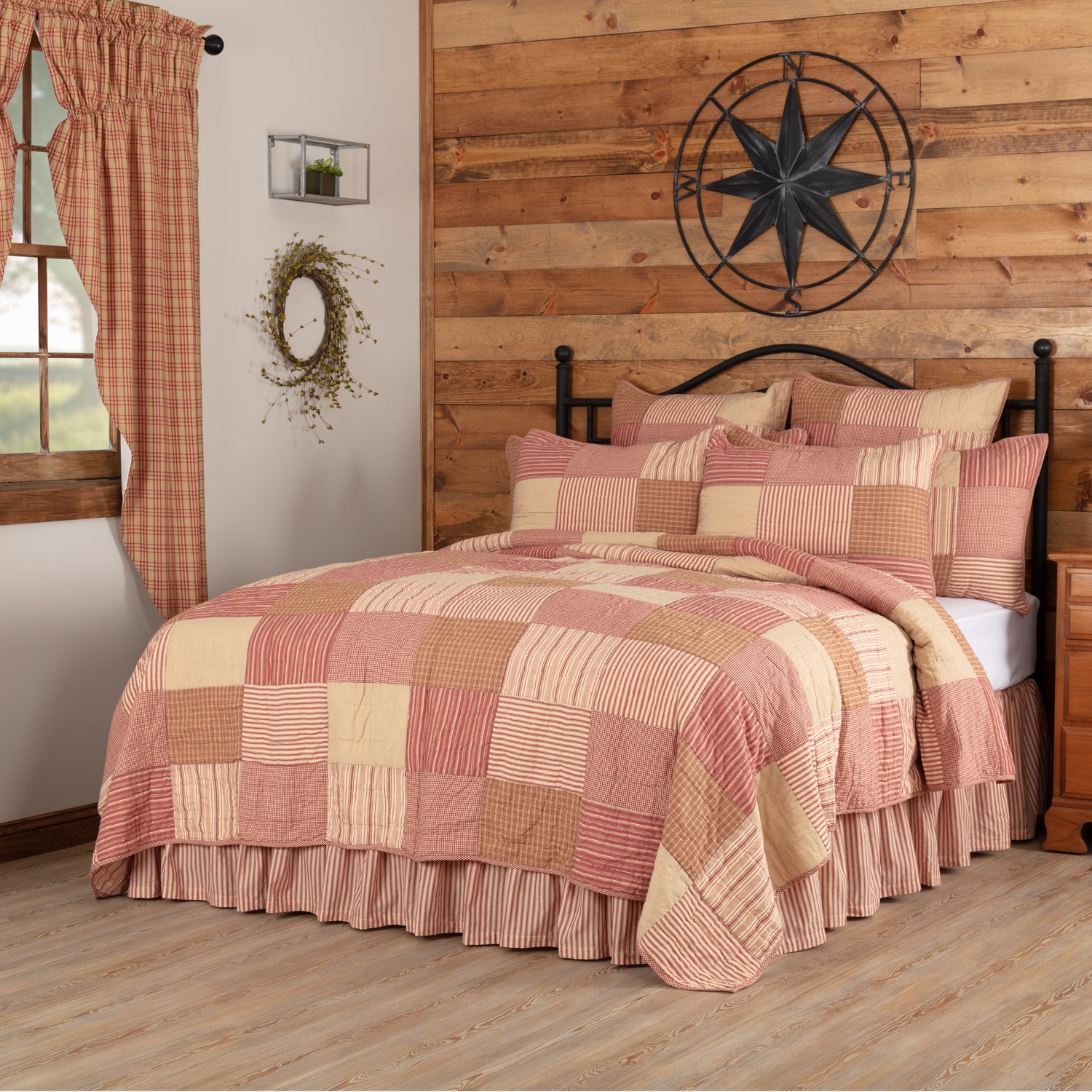 Sawyer Mill Red Patchwork Quilt with country red and tan hand-quilting for the Sanctuaries for the Strange collection.