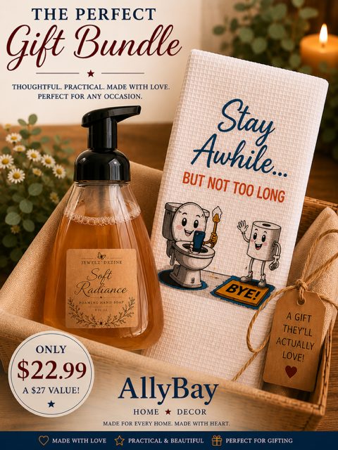 AllyBay Soft Radiance gift set with homemade soap and a white hand towel that reads Stay Awhile but not too long.