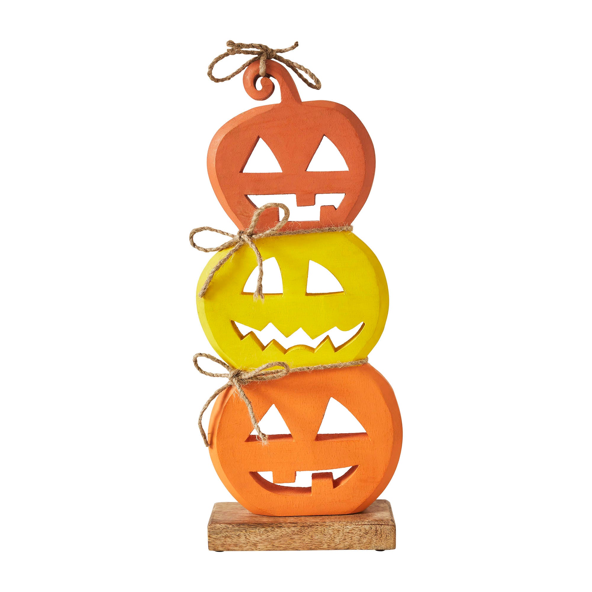 Cutout view of the vertical stacked wooden pumpkin decor with orange and yellow carved faces.