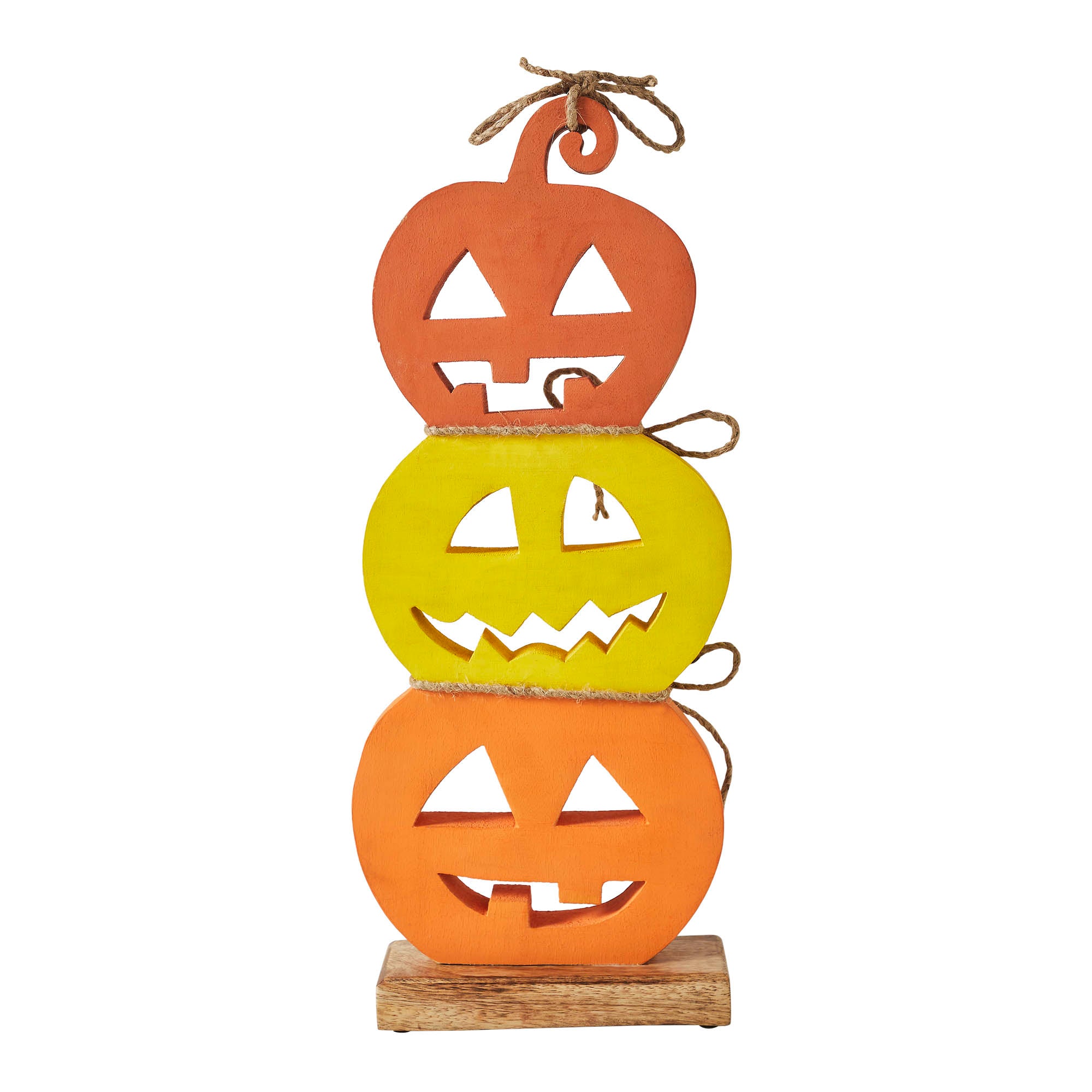 Isolated view of the front face of the wooden jack-o'-lantern decor piece.