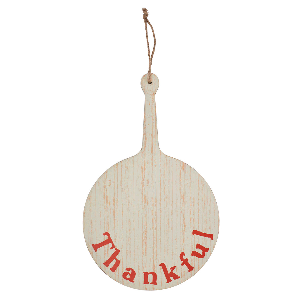 Clear front view of the light-wood cutting board sign showing the printed "Thankful" lettering and jute hanging loop.