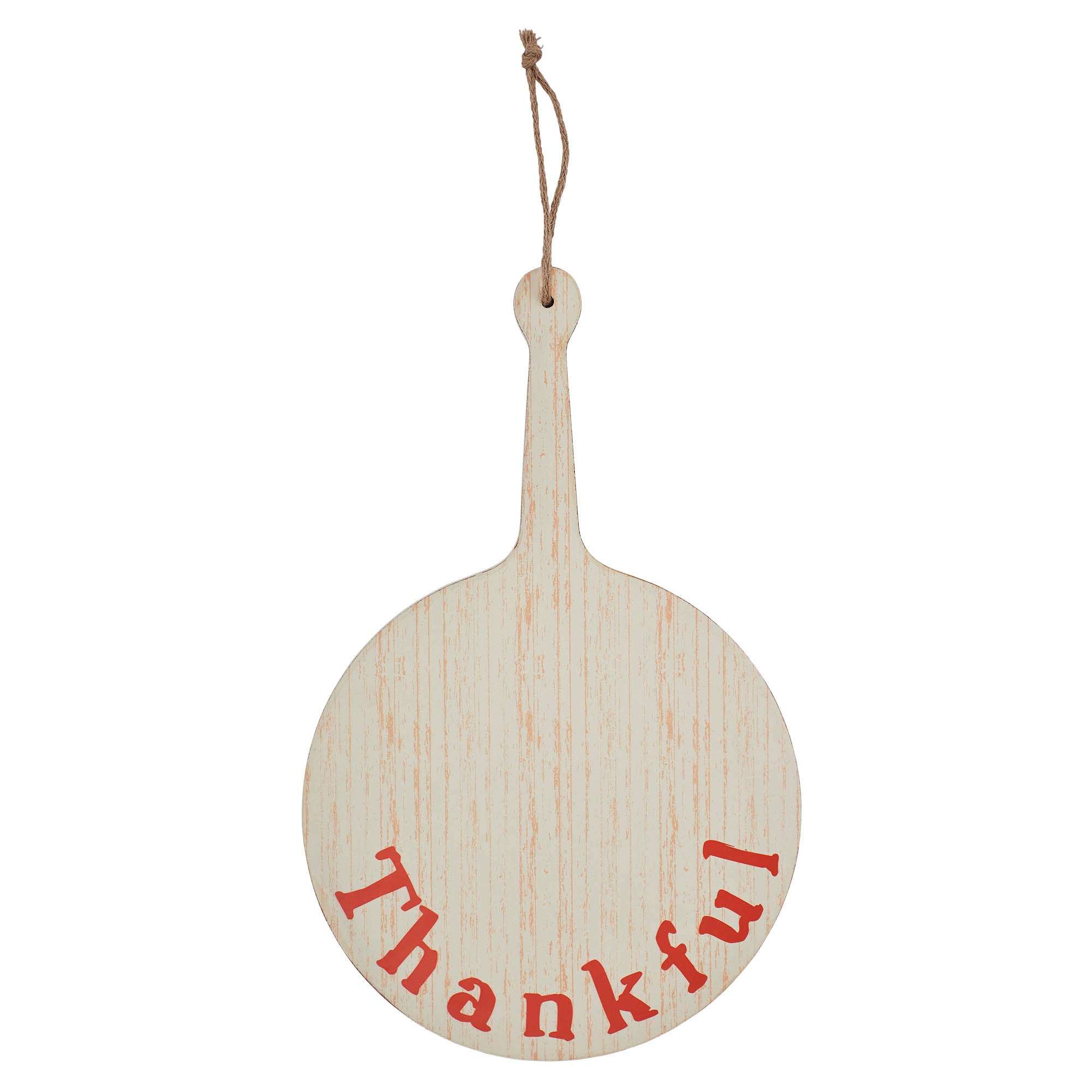 Clear front view of the light-wood cutting board sign showing the printed "Thankful" lettering and jute hanging loop.