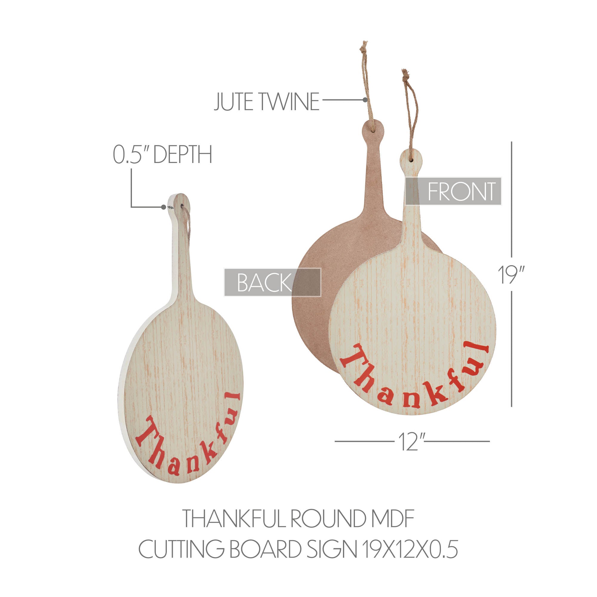 Product diagram displaying measurements and details of the MDF wooden cutting board sign