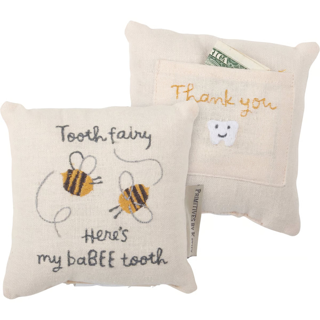 Primitives by Kathy fabric honeybee tooth fairy pocket pillow with embroidered details