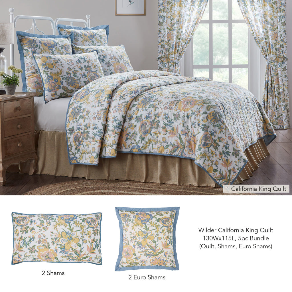 Complete 5-piece country bedding set featuring a vintage floral print quilt, two matching pillow shams, and two Euro shams in antique creme, basil green, and dusty blue.