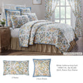 Complete 5-piece country bedding set featuring a vintage floral print quilt, two matching pillow shams, and two Euro shams in antique creme, basil green, and dusty blue.