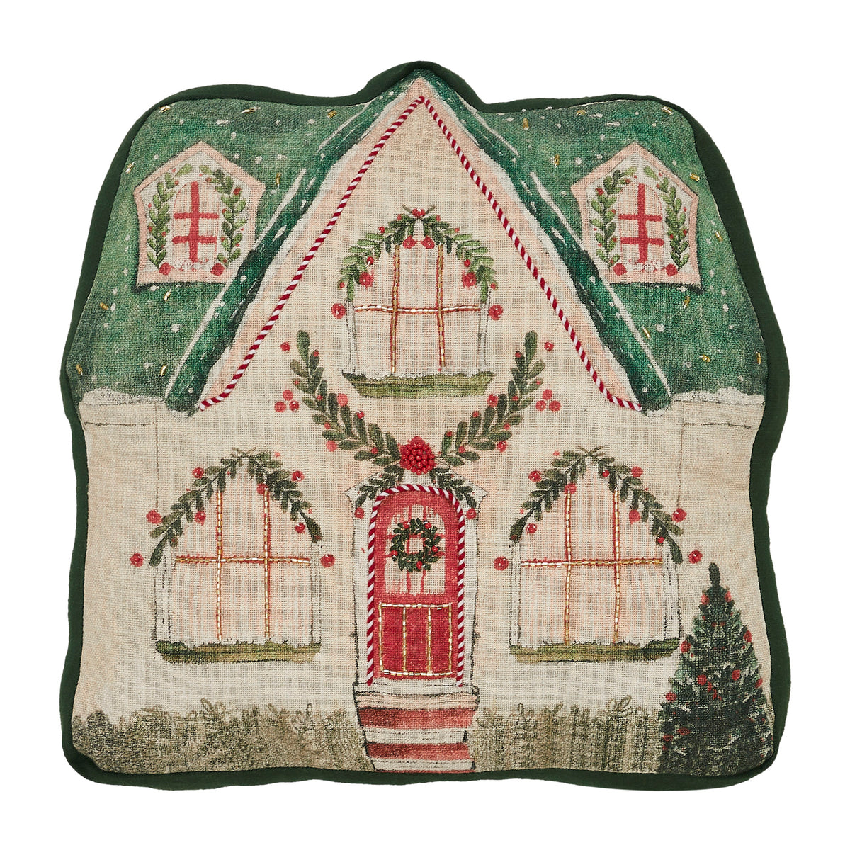 Isolated front view of the gingerbread house pillow showcasing the embroidered windows, door wreath, and trim details.