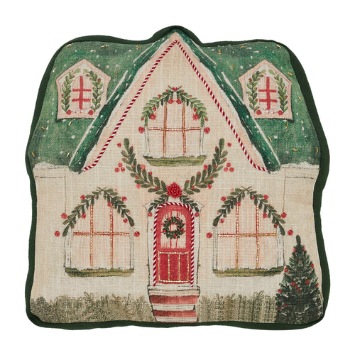 Isolated front view of the gingerbread house pillow showcasing the embroidered windows, door wreath, and trim details.