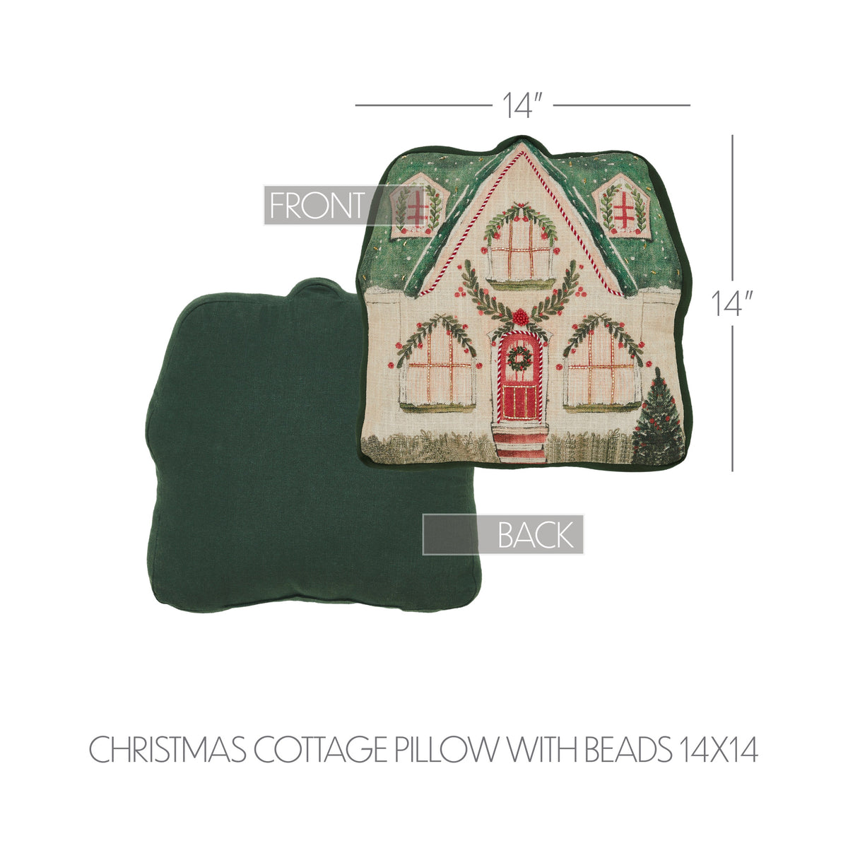 Back and front view showing the solid dark green reverse side of the holiday decorative pillow.